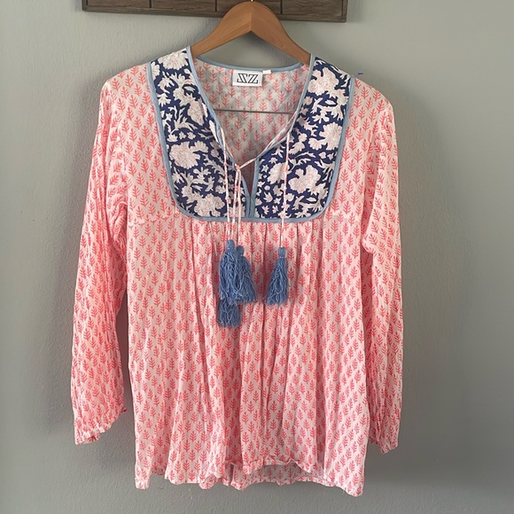 SZ Blockprints 100% cotton V Neck Double Tassel Tunic size M - Picture 1 of 9